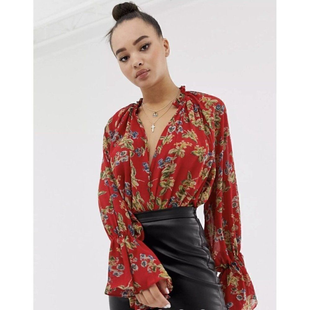 Missguided balloon sleeve bodysuit Blouse Top floral Red V Neck 4 Small